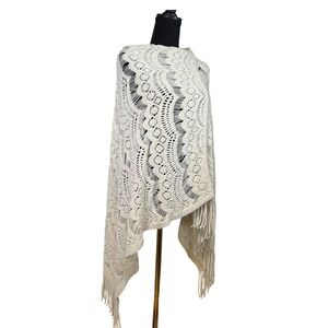Sleeping on Snow‎ Cream Crochet Fringe Shawl Wrap Bohemian Festival Boho